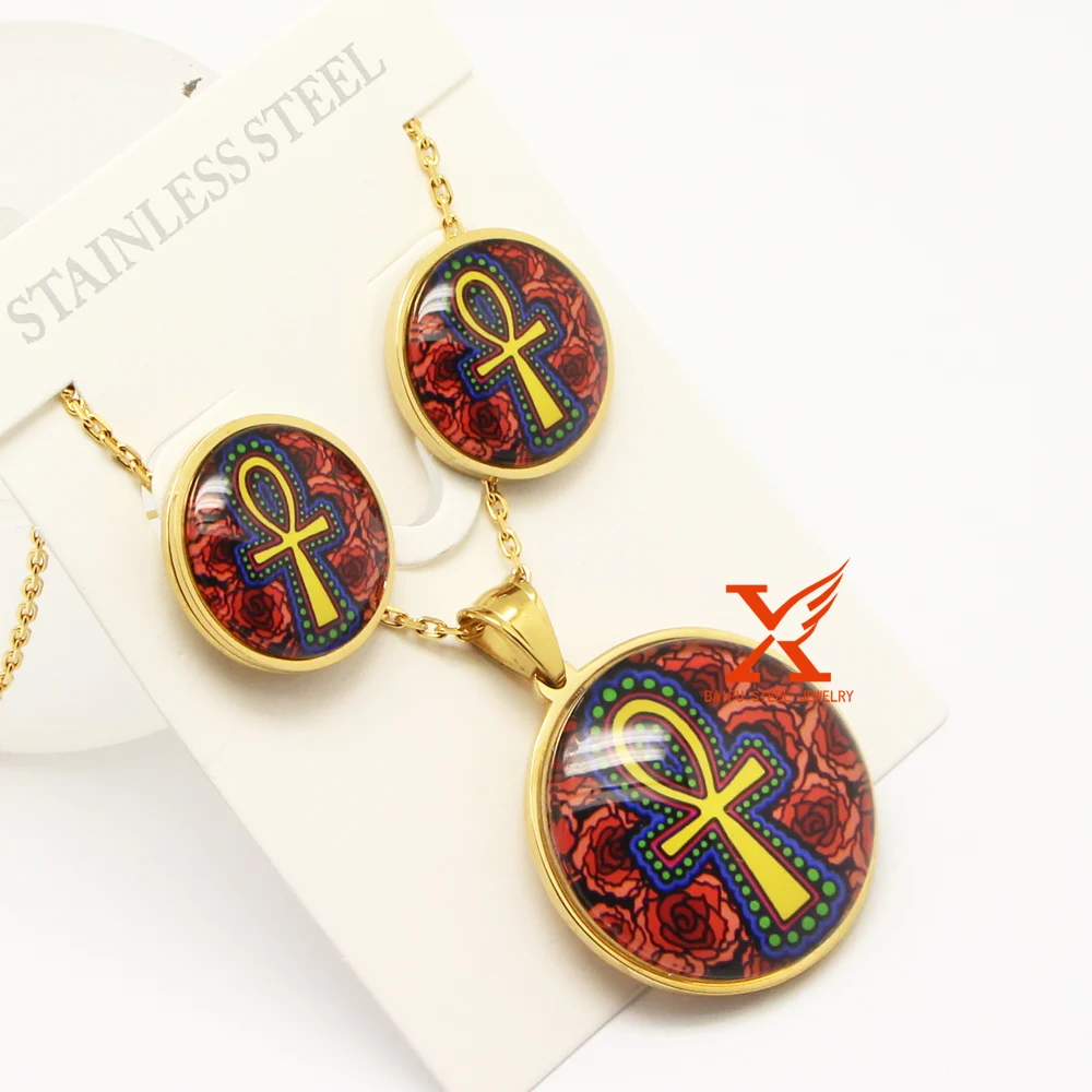 Vintage Stainless Steel Gold Color Crystal Ankh Cross Necklace Pendant