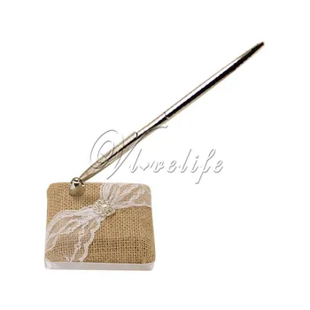 

Burlap Wedding Pen Set Handmade Jute Pen & Pen Holder Stand With Lace Ribbons Rhinestone Buckle For Rustic Wedding Decor
