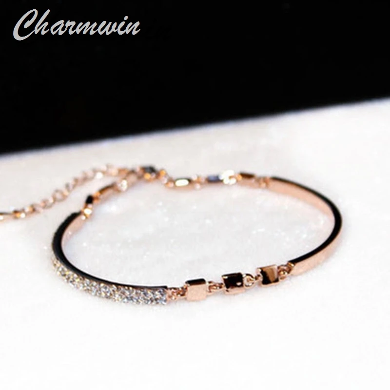 

Charmwin Simple Cuff Bracelets For Women New Fashion Brand Rose Gold Color Rhinestone Bracelet Bangles Jewelry TYS00174
