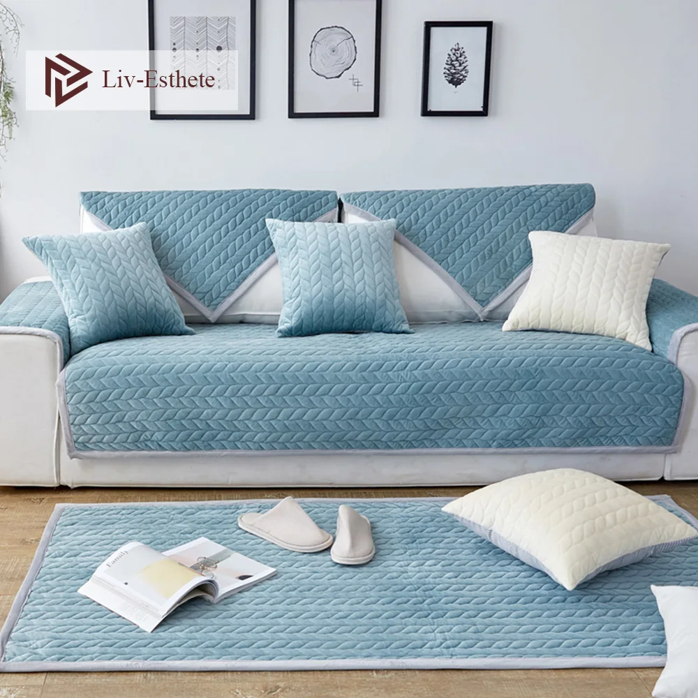 

Liv-Esthete Luxury Velvet Blue Sofa Cover Euro Nordic Living Room Corner Sofa Cover Single Double Sizes Combination Slipcovers