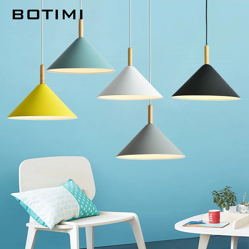 

BOTIMI Shining Down LED Pendant Lights For Dining Table Nordic Metal Hanging Lamp Restaurant Luminaria Wooden Light Fixture