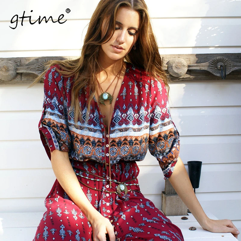 Dress Hippie Bohème Marque Floral Black Zkqa121 Maxi Impression Vêtements red Vestidos Rétro Imprimé Gtime Nouvelle Femmes Longue gF5wqIqv