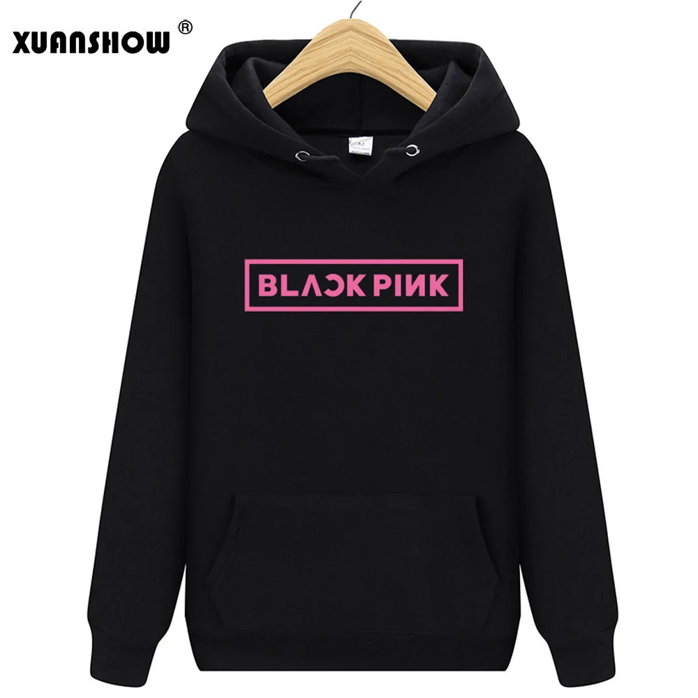 XUANSHOW New Autumn Winter Women's Hoody Sweatshirts BLACKPINK Kpop Casual Fleece Pullover Hoodies Mujer XXL - Цвет: Black