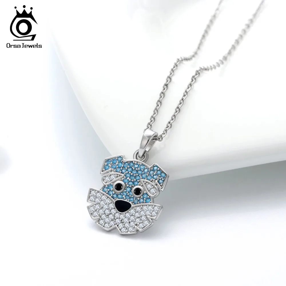 

ORSA JEWELS Original 925 Sterling Women Schnauzer Dog Pendants Cute Animals Pattern Blue CZ Necklace Silver Party Jewelry ASN115