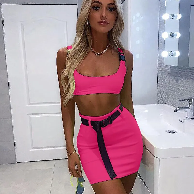 

Summer Women Party Two Piece Set Belt Tank Sexy Crop Top And Mini Skirt Square Neck Sleeveless Two Piece Outfits