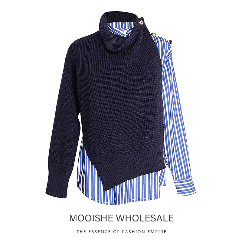 

Fake Two-piece Shirt Sweater Women Turtleneck Stripe Printed Fashion Jumper