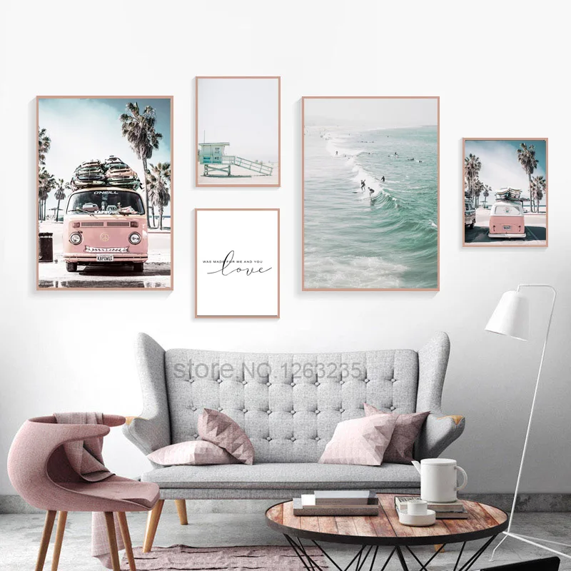 

Cuadros Decoracion Sea Scenery Coconut Tree Wall Art Pink Bus Nordic Poster Beach Pictures Living Room Canvas Painting Unframed