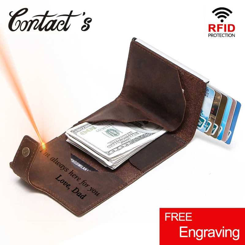 

Contact's 2019 Business Credit Card Case for Men Card Holder Aluminium Box Crazy Horse Cow Leather Vintage Card Wallet RFID