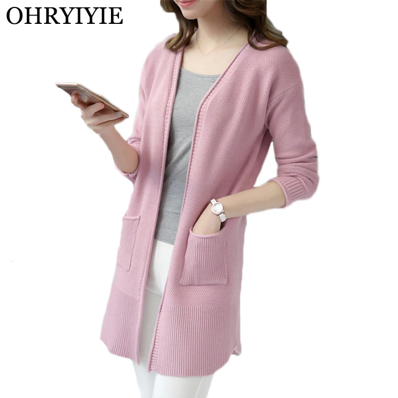 

OHRYIYIE Pink Gray Women Sweater Cardigan 2019 Autumn Winter Fashion V-neck Loose Knitted Cardigan Female Solid Color Long Coat