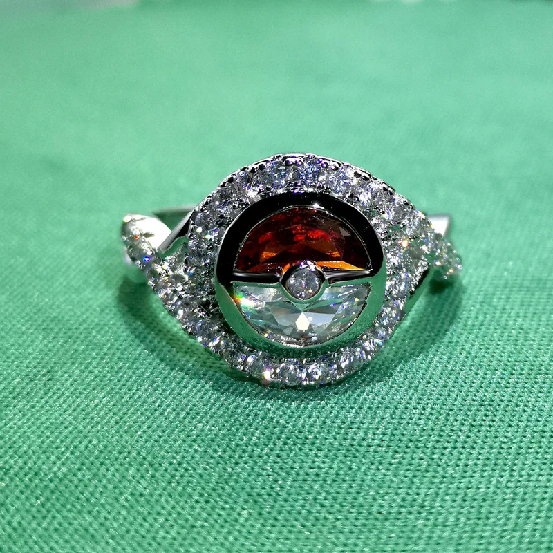 Новое поступление Pokemon Pokeball серебряное кольцо с блестящим циркониевым камнем для женщин обручальное кольцо модное ювелирное изделие