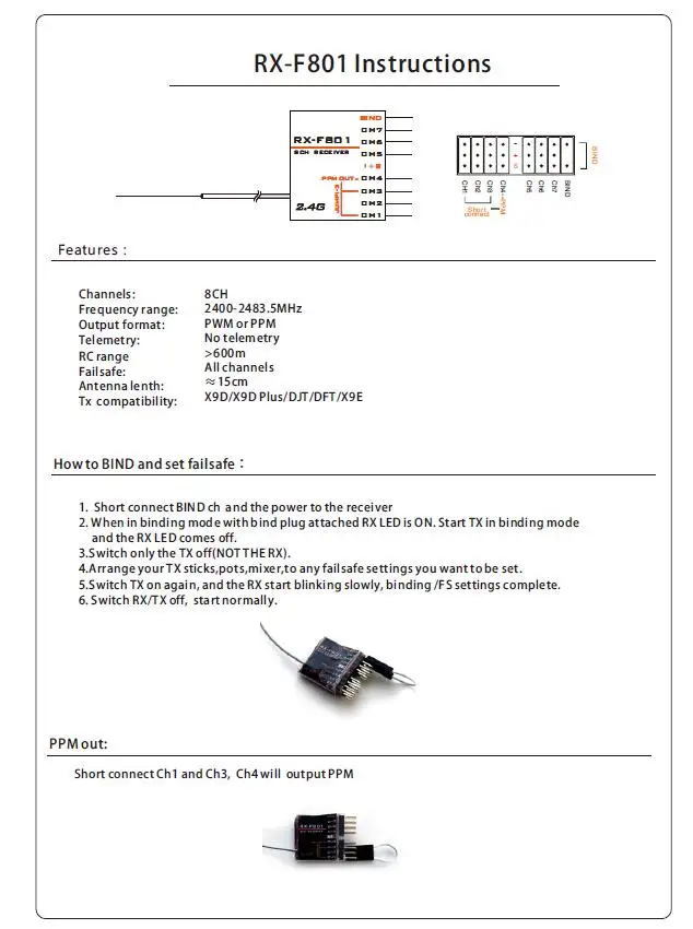 RX-F801 8CH приемник с выходом PPM D8 режим совместимый FRSKY X9D/X9D PLUS/DJT/DFT/DHT