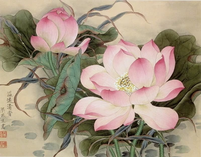 

New DIY Unfinished 100% Mulberry Silk Suzhou Embroidery Print Patterns Sets Needlework Kits Lotus Flowers Showing 30*40cm