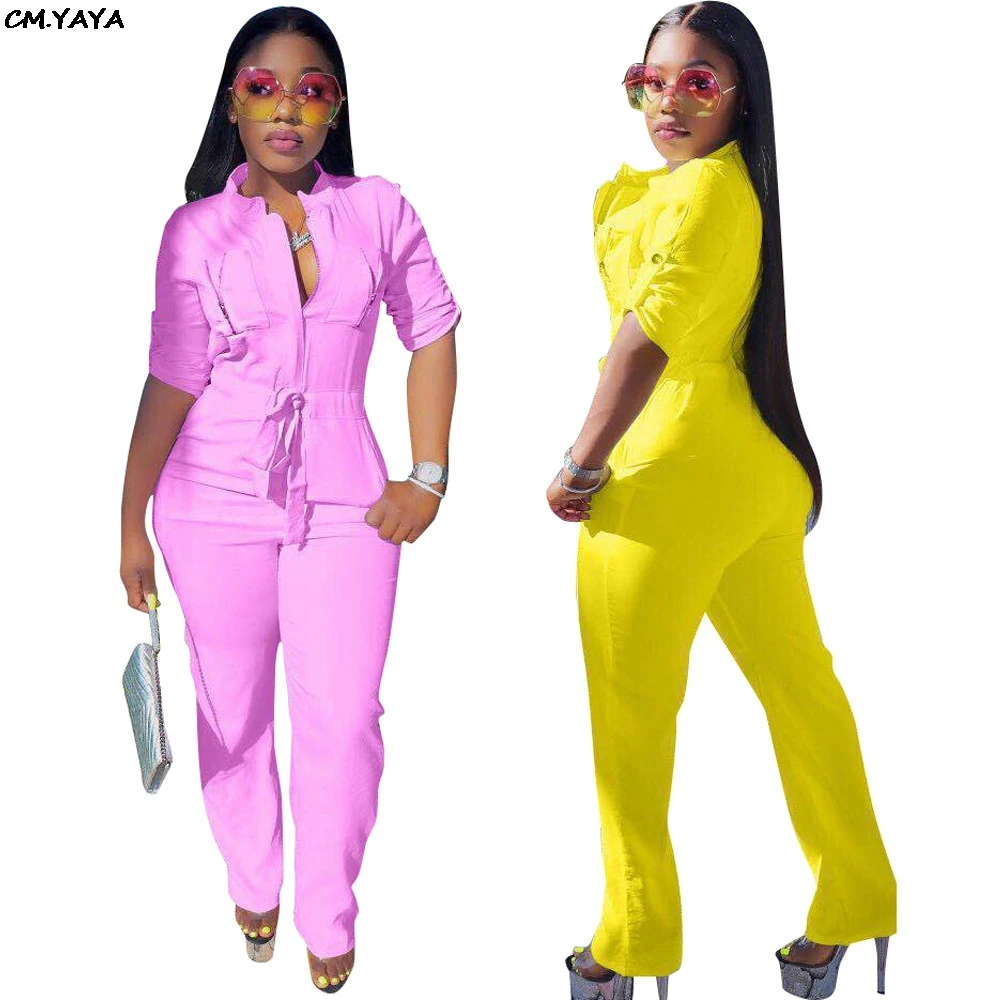 

2019 New women wrist sleeve button with pocket elastic waist straight jumpsuit safari style romper sporty casual playsuit ZH5095