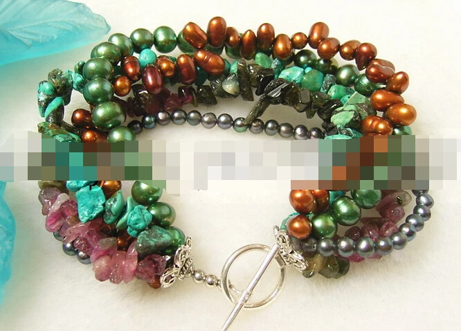 

free shipping 09514 5Strand Pearl&Turquoise&Tourmaline Bracelet