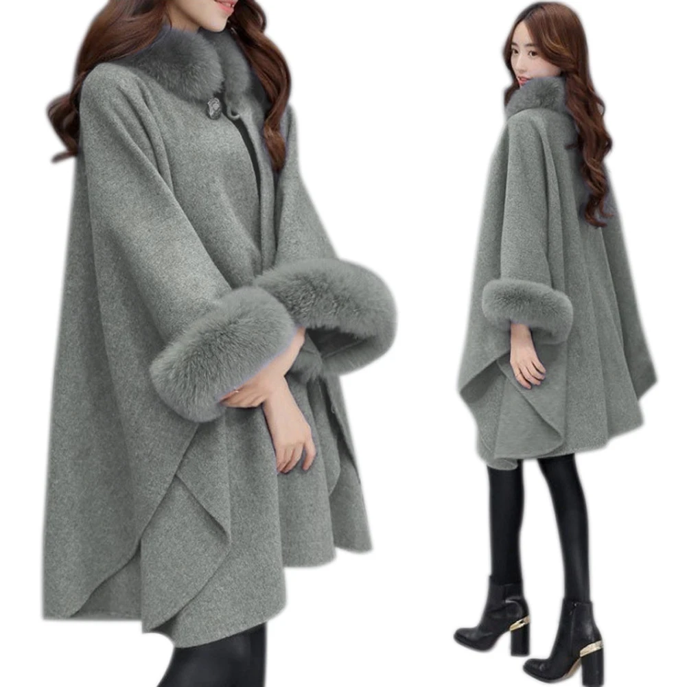 Популярное Женское зимнее шерстяное пальто с меховым воротником и рукавами, Свободное пальто с неровным подолом HD88 - Цвет: Серый