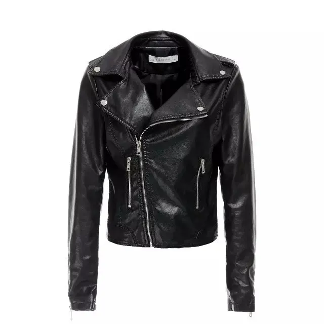 2015 New Arrival Black Faux Leather Jackets for Women Slim Biker Motorcycle Punk PU Soft Leather