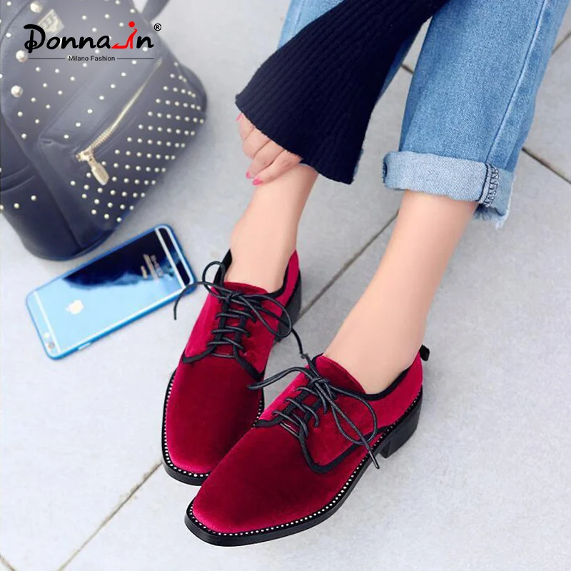 

Donna-in Genuine Leather Women Oxford Shoes with Heel 2019 New Square Toe Gold Velvet Shoe Women Fashion Black Green Wine Red