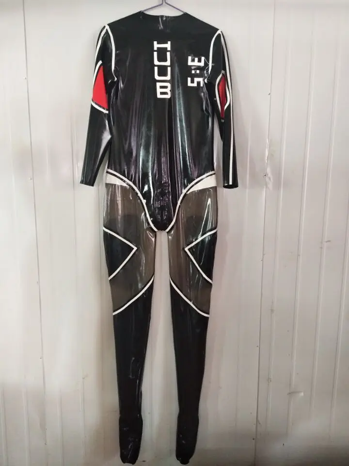 

2019 Cool Latex Men Handsome Bodysuit Red Black and Red Transparent Racing Suit 0.4mm Size XXS-XXL