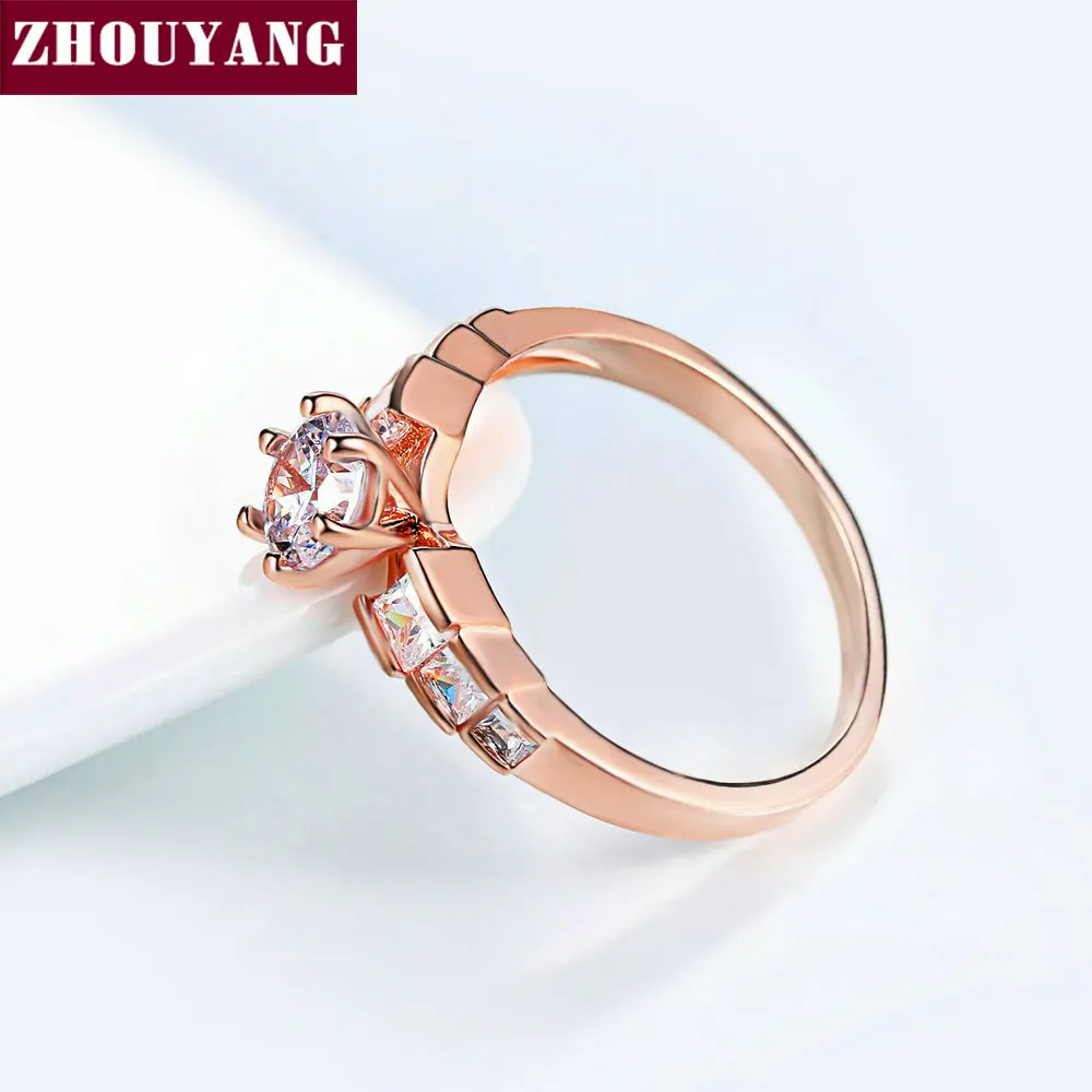 Женское Обручальное Кольцо ZHOUYANG розовое золото с 6 когтями и кубическим