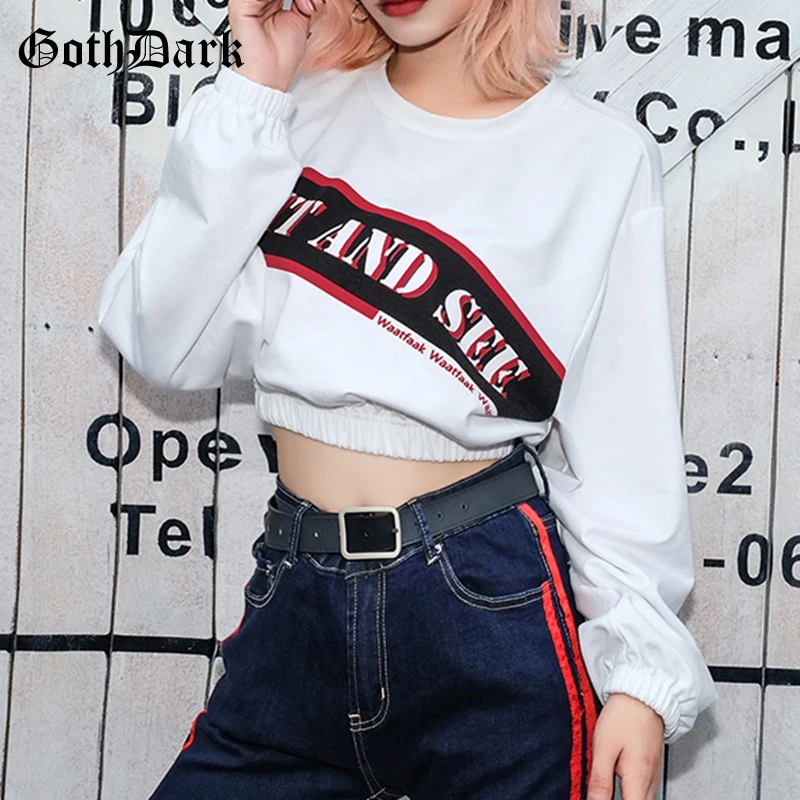 

Goth Dark White Letter Print Fashion Punk Gothic Sweatshirt Woman Harajuku Long Sleeve Loose Autumn 2019 Cropped Sweatshirts
