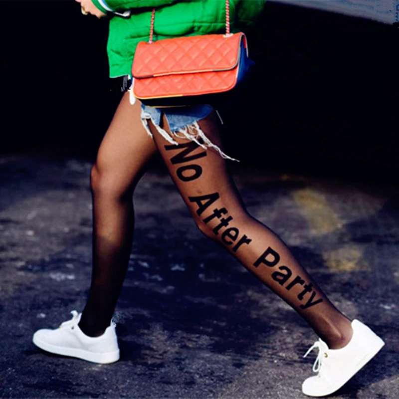 

Sexy Pantyhose Women No After Party Letter Black Tights Fashion Cool Ladies Slim Legs Nylon Stockings Collant Fantaisie Femme