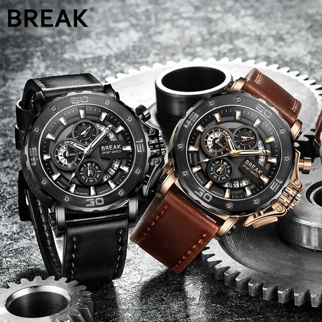 BREAK Top Luxury Brand Fashion Casual Watch Men Chronograph Quartz Military Genuine Leather Relogio Masculino Sport Wrist Watch 1