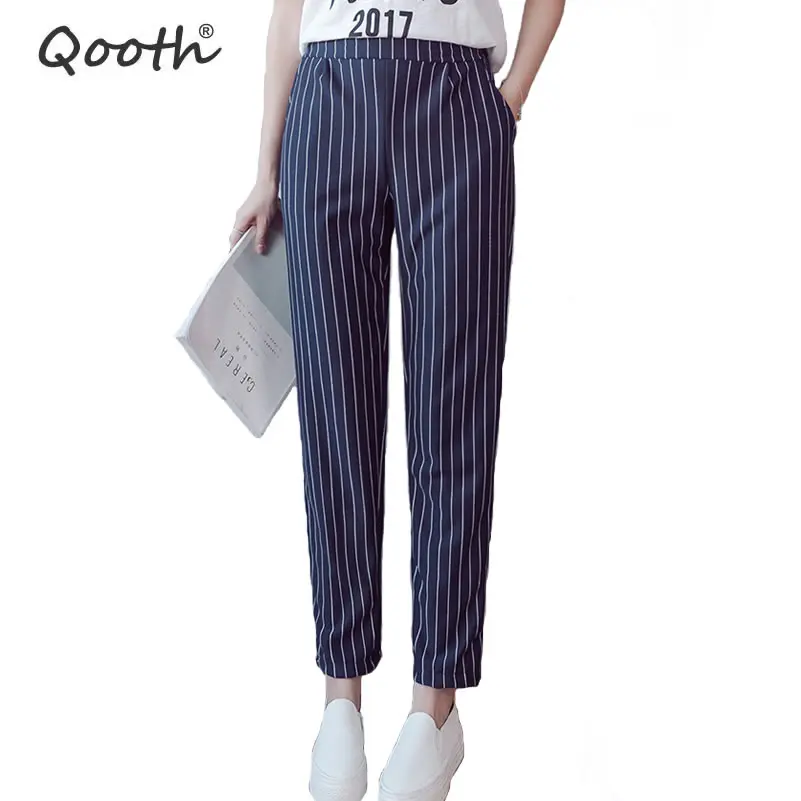 

Qooth England Style Striped Pants Women's Elastic Waist Strip Ankle-Length Pencil Pants 2018 Spring New Arrival Trousers QH1078