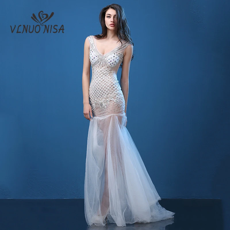 

VLNUO NISA Deep V-neck Beading Sequins Mermaid Dress Sexy Transparent Long Evening Dress Party Banquet Dress Solo Show Gowns