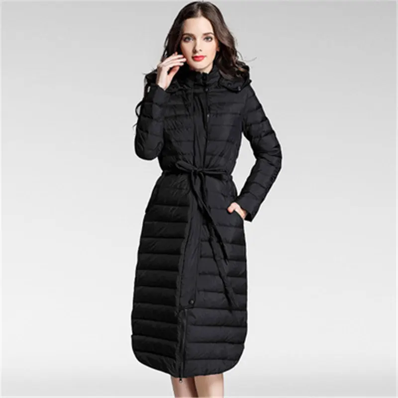 

New Winter Women Big Size Long Down Coat Light Down Jacket Lady Slim White Duck Down Jacket Hooded Coats Female Clothings 773