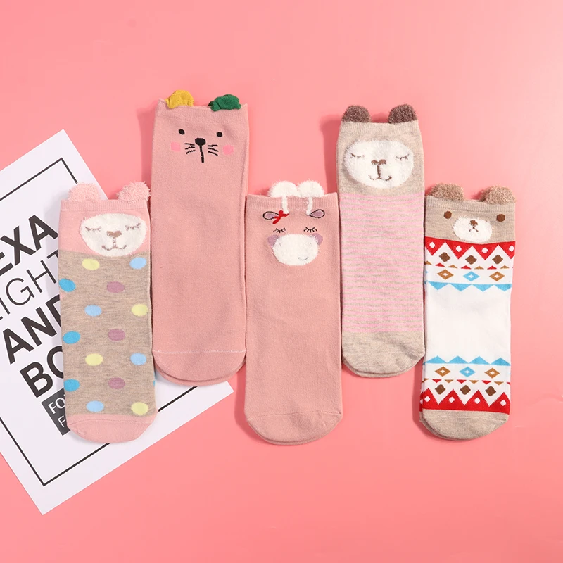 5 пар, Новое поступление, женские хлопковые носки, розовые милые короткие носки с котом, короткие носки, повседневные носки с ушками животных, красное сердце - Цвет: as pics