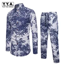 Модная Толстовка с принтом в народном стиле с цветочным принтом для мужчин; повседневный костюм из двух предметов; рубашки; тренировочные брюки с завязками; большие размеры; комплекты для мужчин