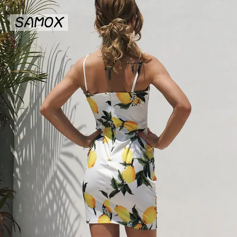 JSMY 2019 New Summer Fashion Women Sling Mango Printing Beach Vacation Hip Dress