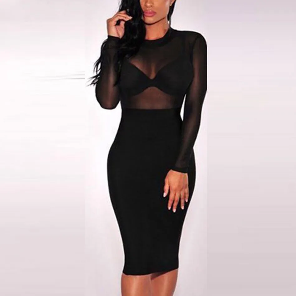 

2019 new summer sexy black pink red blue women bandage dresses bodycon mesh long sleeves transparent evening party dress