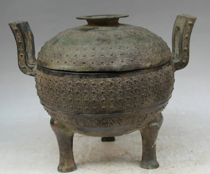 

Collectible bronze S2061 12" Old Chinese dynasty Bronze 3 Foot handle food water vessel Pot Jar Crock