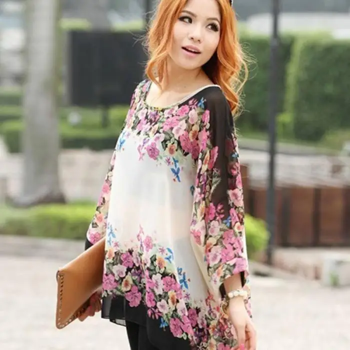 Модная женская шифоновая блузка с рукавами «летучая мышь» и цветочным принтом, повседневные топы в богемном стиле, Новинка