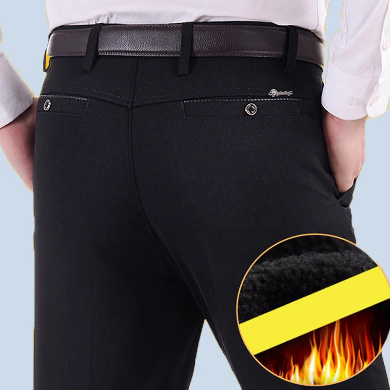 

TANG 2019 Men Gentleman No Ironing Thick MOOWNUC Slim Fit Business Casual Pant Keep Warm Winter Fashion Trousers Men Suit Pant