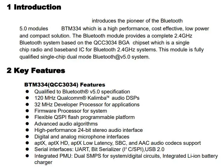 BTM320 QCC3020/BTM334 QCC3034/BTM524 QCC5124/BTM525 QCC5125 Bluetooth 5,0 аудио модуль