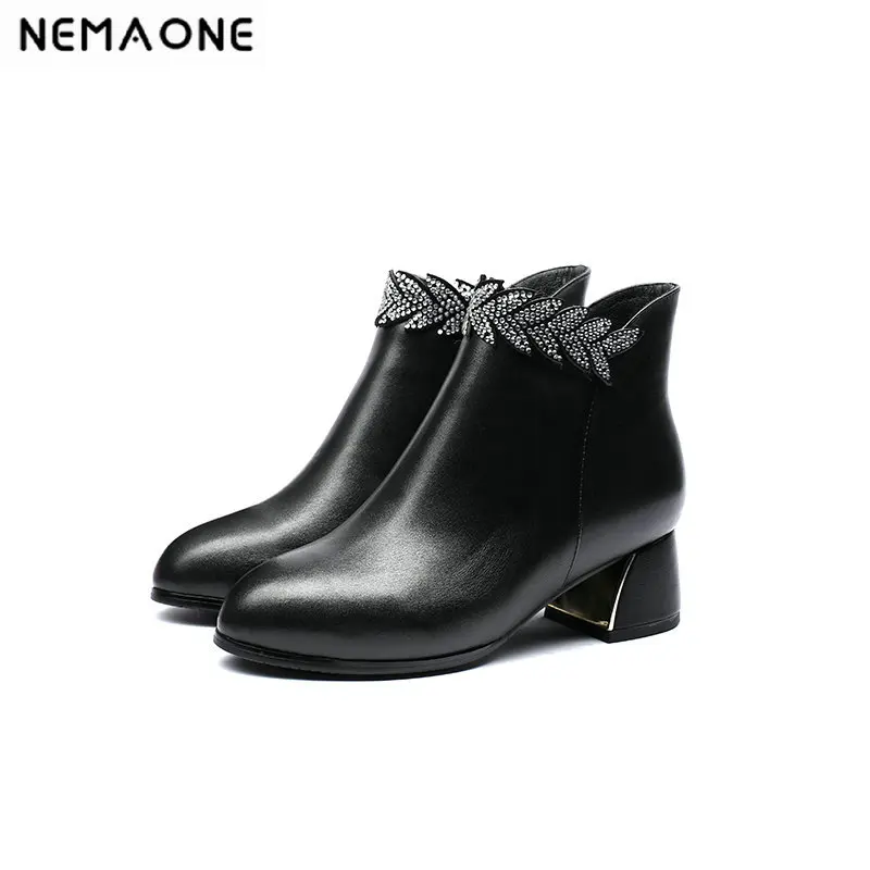 

NEMAONE Women Ankle Boots square high heels Ladies dress work Shoes Woman crystal Brand Basic Boots large size 41 42 43