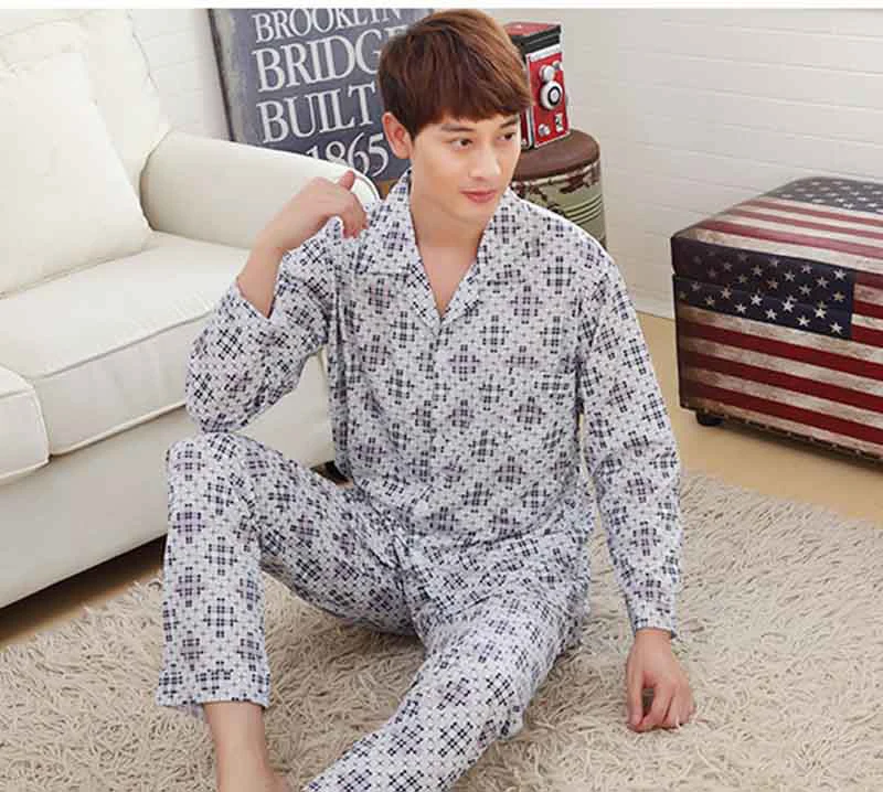 Men cotton turn down collars pajamas sets nightgown, male boys grey