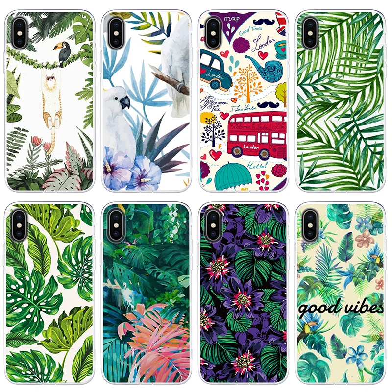 

Leaves Pattern Cases For iPhone 7 7Plus 6 6s Plus 5s Rose Floral Case For iPhone 7 8 Plus X Soft Cover Beautiful green leaf