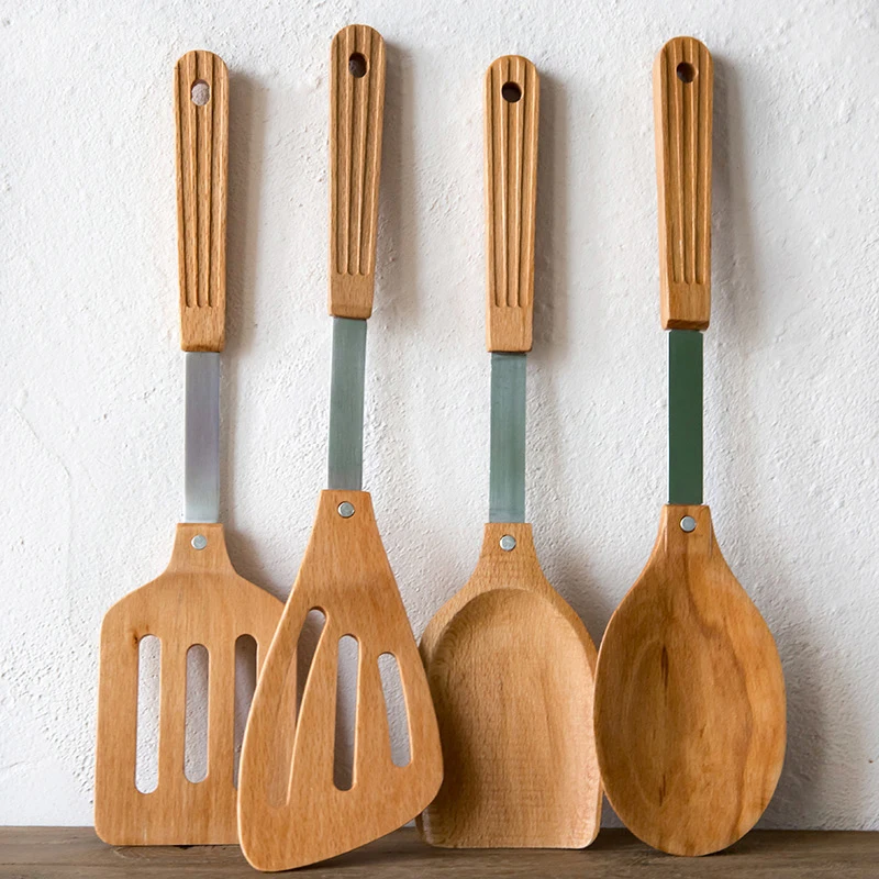 

Japan Style Beech Wood Spatula Eco Natural Non-Stick Cooking Tool Sets Slotted Turners Stainless Steel Kicthen Utensil Sets
