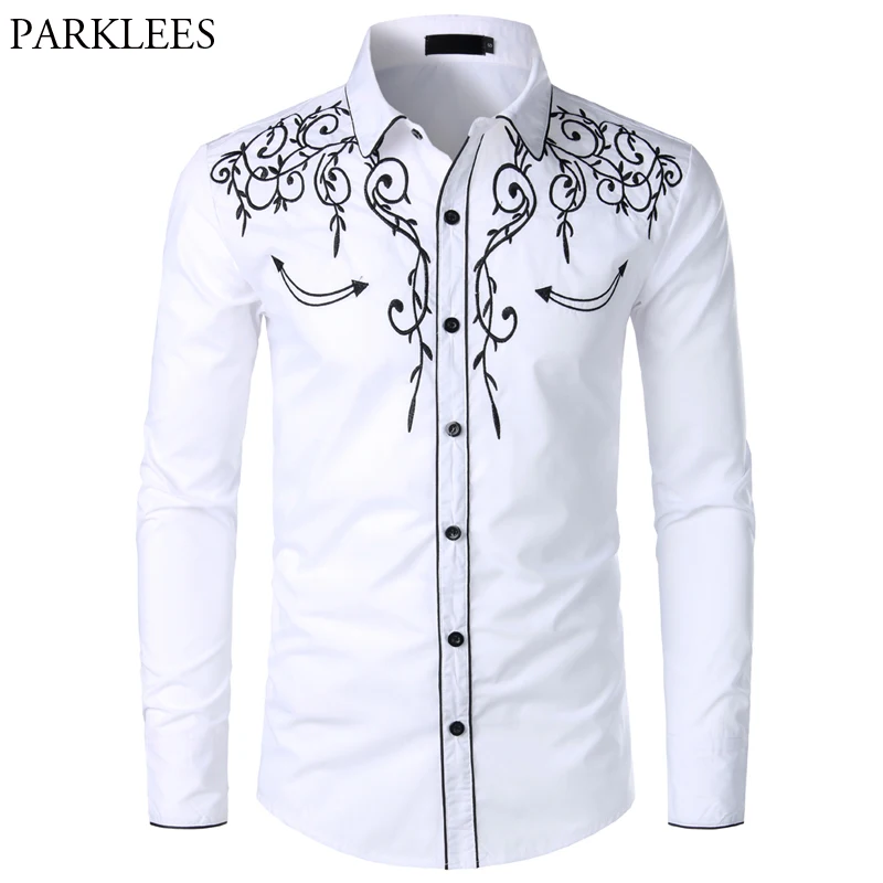 Camisa de vaquero para camisa elegante bordada, ajustada, de manga larga para fiesta, diseño de marca, con botón para banquete|Camisas informales| - AliExpress