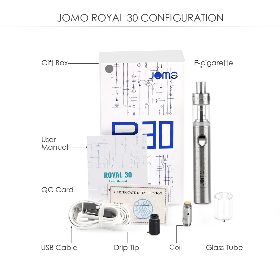 Оригинальный JOMOTECH Royal 30 Вт комплект Ручка поле Mod с 2 мл испаритель катушки Vape