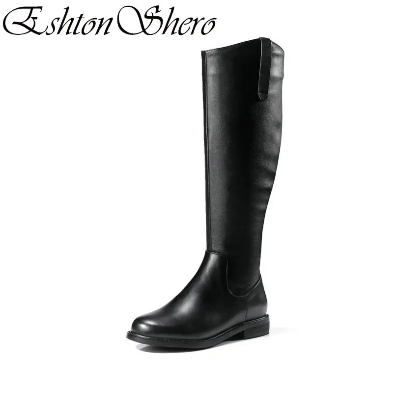 

EshtonShero Shoes Woman Knee High Boots Genuine Leather Low Heel Fashion Round Toe Winter Ladies Motorcycle Boots Size 34-39