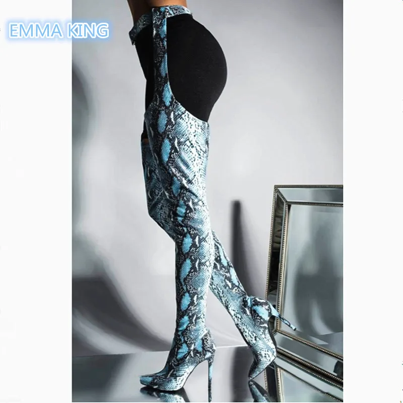 

Sexy Women Over Knee Boots 2019 Snake Prints High Waist Belt Fashion High Heels Knight Boots Pointed Toe Zipper Stilettos Shoes