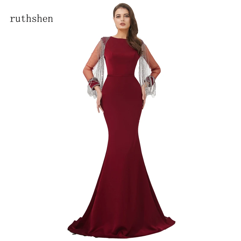 Ruthshen 2019 Саудовская Аравия Дубай цвет красного вина длинные Бисер Tassle рукавом Русалка платье пикантное, изящное, без спины вечернее платье
