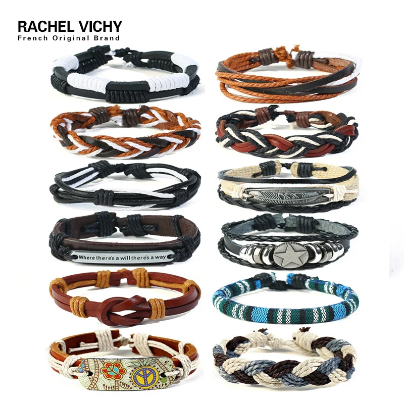 

RACHEL VICHY 12pcs/Set Trendy Weave PU Leather Bracelets Men Multilayer Star Feather Wristband Bracelet Bangles For Women TZ197