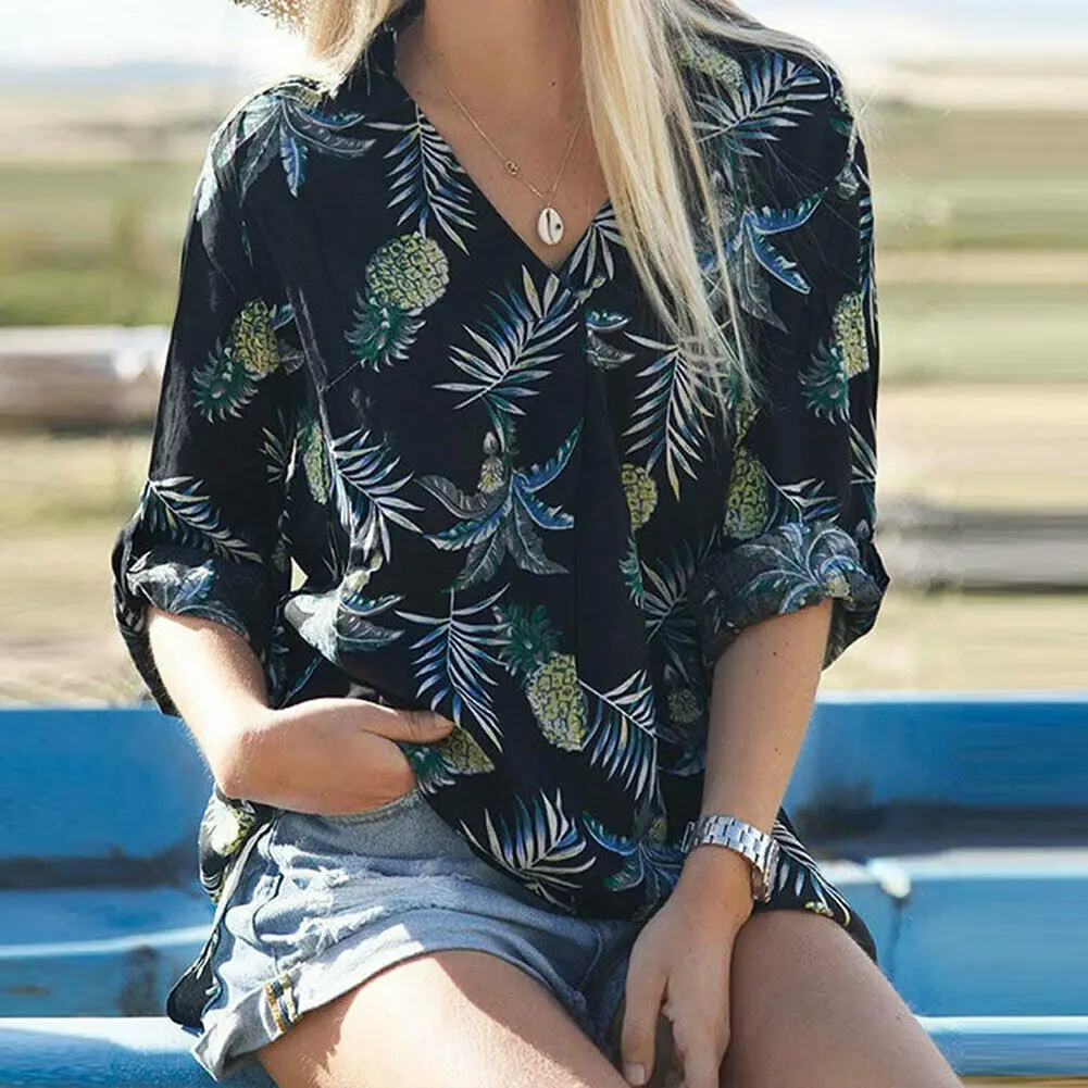 Harajuku Summer New Sexy Hawaiian Beach Vacation Pineapple Printed Shirts Woman Wild Long-sleeved V Cut Collar Fruit Blouses