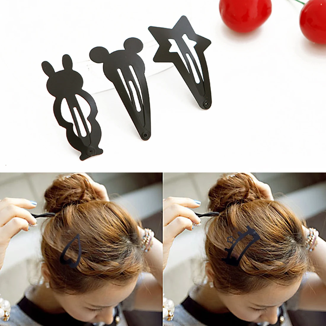 

2 Pcs Black paint cartoon side clip Bright Black Color Girls' Hairpin Side Metal Snap Clips Kids Hair Accessories