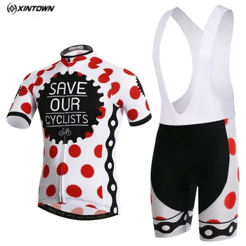 

HOT XINTOWN Men Cycling Jersey Bib Shorts Sets Pro mtb Bike Clothing Suits White Red dot Sportt Team Cycling Shirts Top Quik Dry